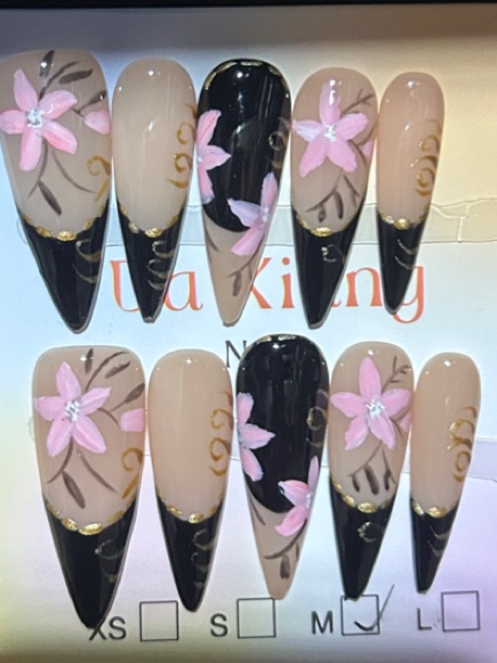 Floral Stiletto Press-On Nails - Pink & Black